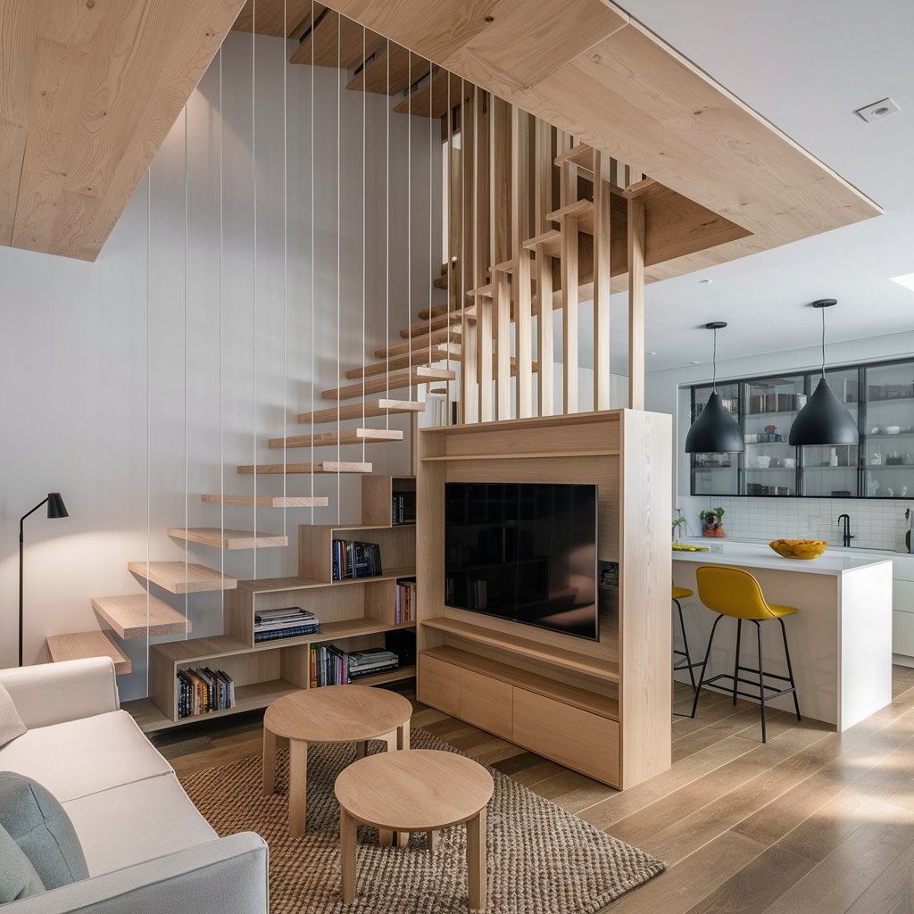 Salon moderne avec escalier suspendu en bois clair, meuble TV intégré, bibliothèque et vue sur cuisine ouverte.