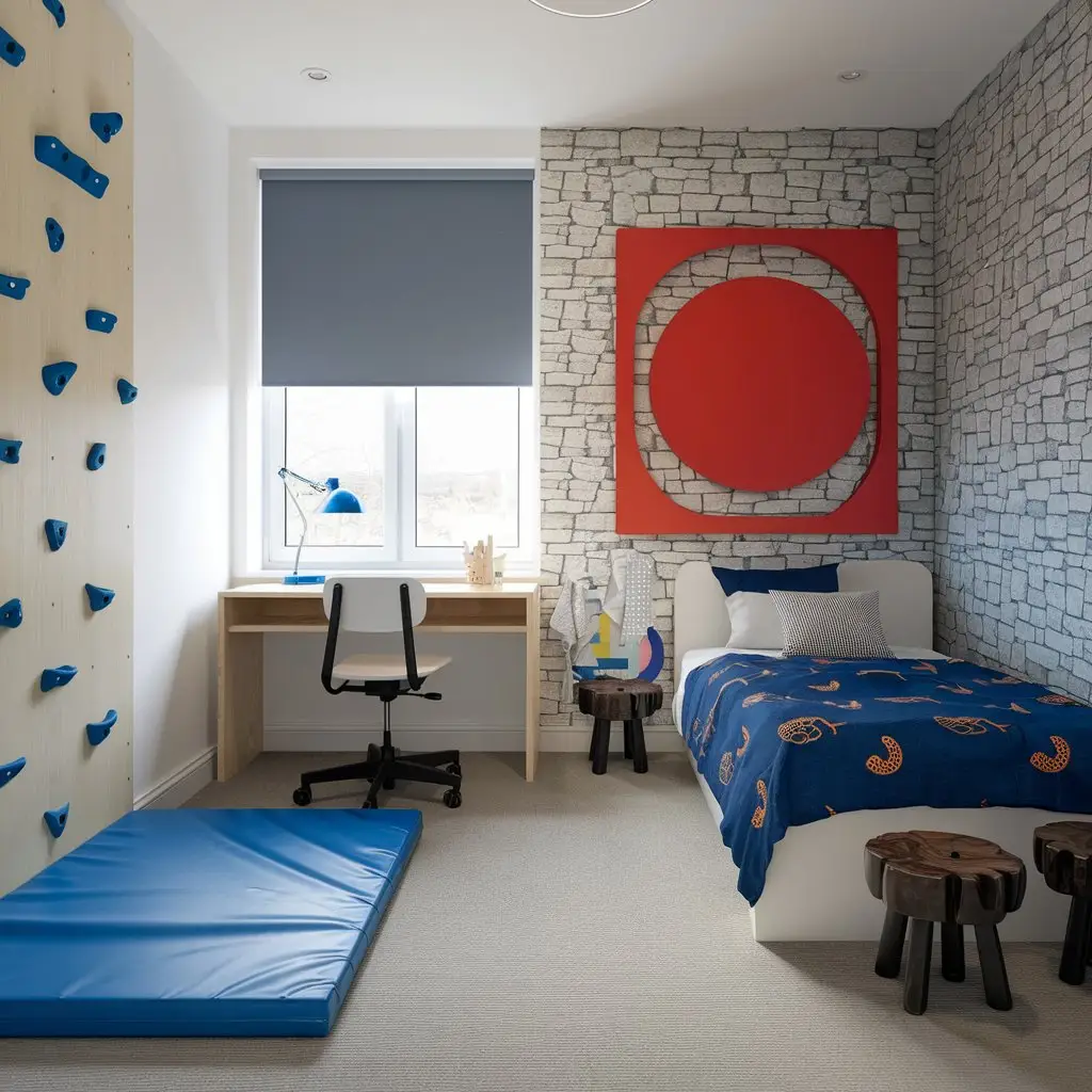Chambre d’enfant avec mur d’escalade, lit simple, bureau sous fenêtre et décoration murale graphique – projet Archi.Colibri.